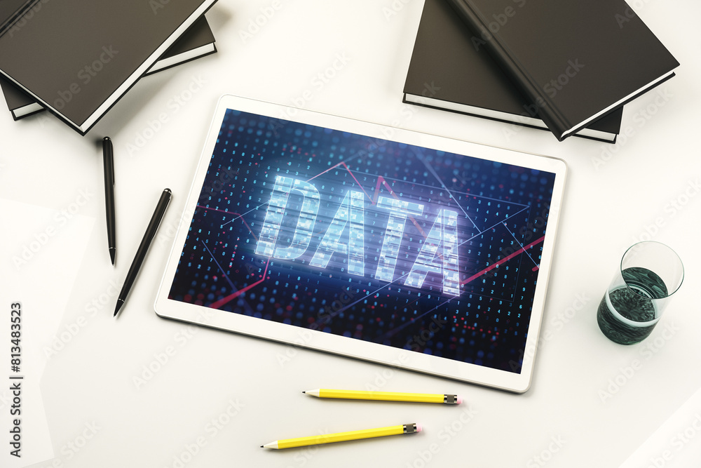 Leinwandbilder creative data word hologram on modern digital tablet screen, big data and blockchain concept. top vi