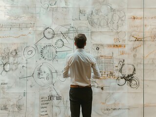 A professional studying intricate mechanical drawings on a glass wall.