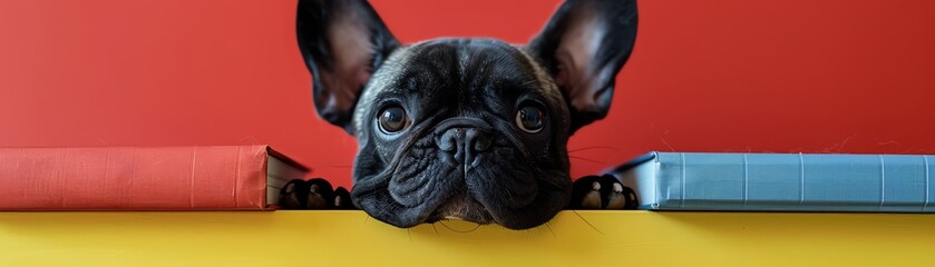 A French Bulldog peeking over a stack of colorful books, symbolizing curiosity and learning, perfect for educational ads