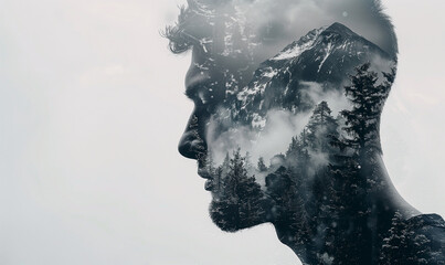 The double exposure combines a man's face, snow-capped mountains and a dense forest. The panoramic view invites you to reflect on the unity of man and nature.