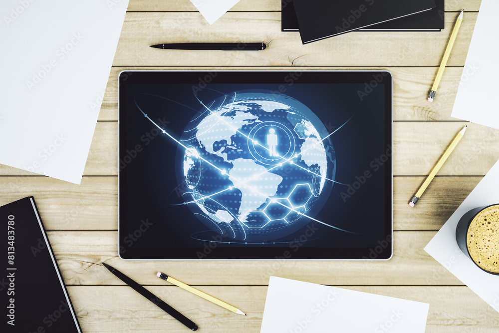 Poster Social network concept with world map on modern digital tablet screen. Top view. 3D Rendering