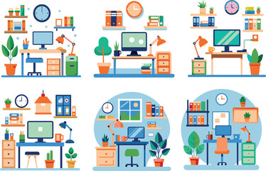 Set of flat business, home office icon, vector illustration.