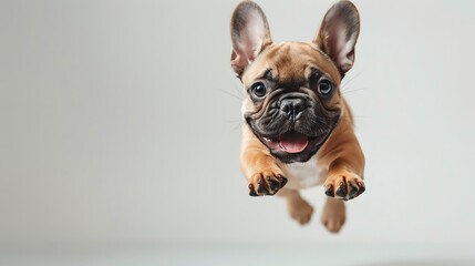A playful French Bulldog caught mid-jump, its joyful demeanor captured perfectly against a pure white background