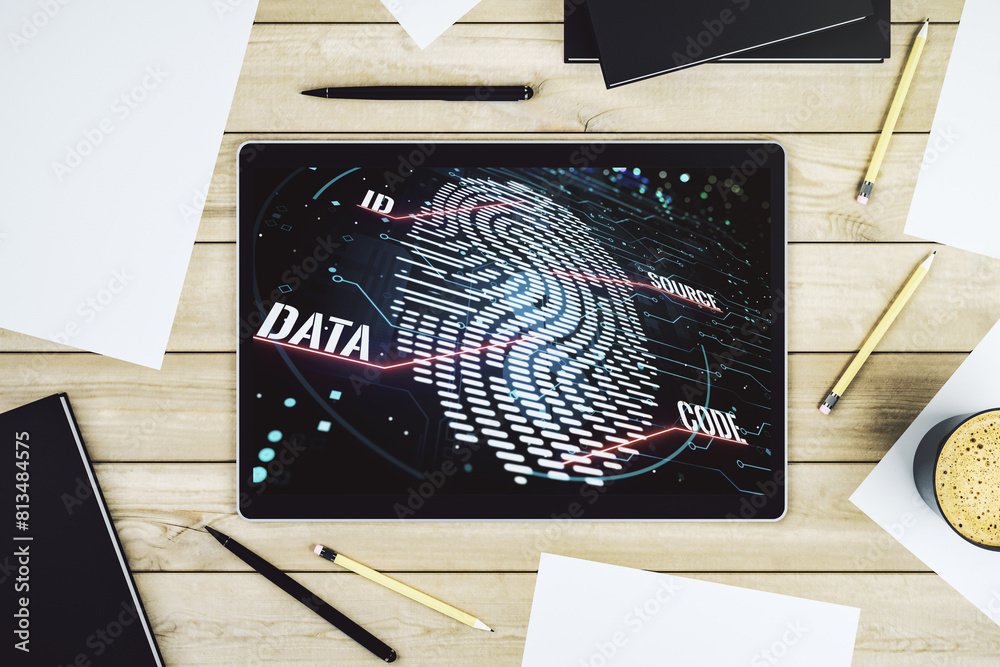 Aufkleber Modern digital tablet monitor with abstract fingerprint scan interface, digital access concept. Top view. 3D Rendering