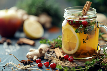 Herbal tea with juIce cranberries, apple, ginger, lemon, cinnamon and thyme in a jar. Warming tea, healthy fruit infused tea. Horizontal closeup view on tropical background- Image - Powered by Adobe