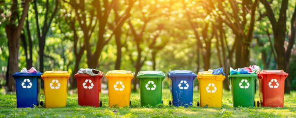 Variety of Colored Waste Bins for Recycling in a Vibrant Urban Park