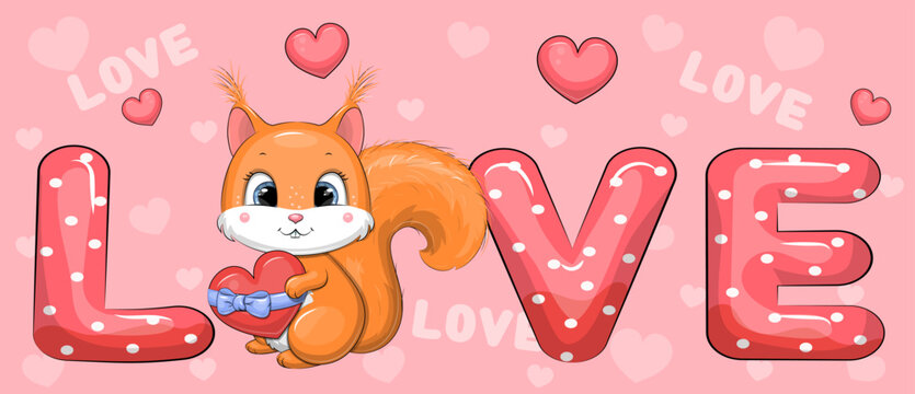 Word Love and cute cartoon red panda with heart. Vector illustration of animal on pink background with hearts.