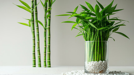 Fresh Green Bamboo Stems In A Clear Glass Vase Filled With White Pebbles On A Table