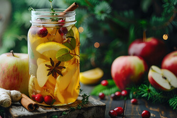 Herbal tea with juIce cranberries, apple, ginger, lemon, cinnamon and thyme in a jar. Warming tea,...