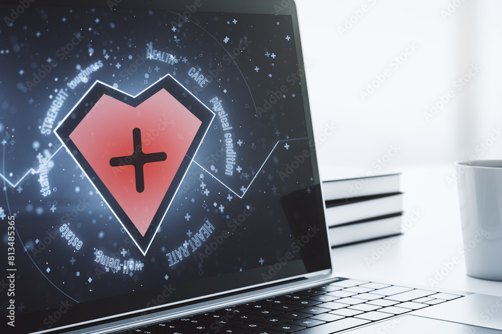 Poster creative abstract heart pulse hologram on modern computer monitor, online medical consulting concept