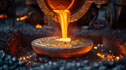 Steel foundry with molten metal being poured.