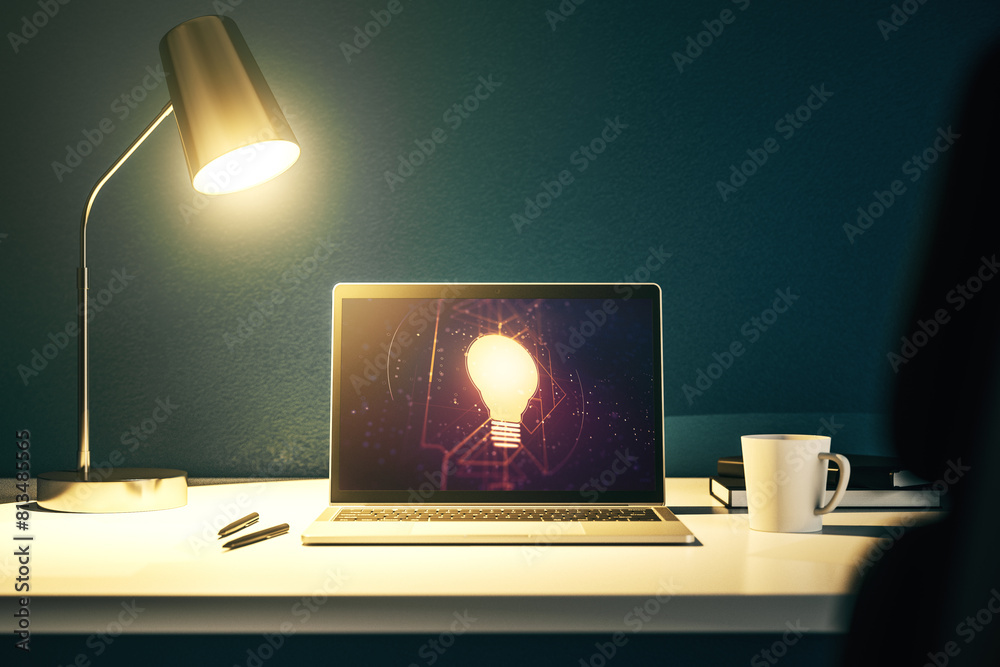 Poster creative light bulb hologram on modern laptop monitor, idea concept. 3d rendering