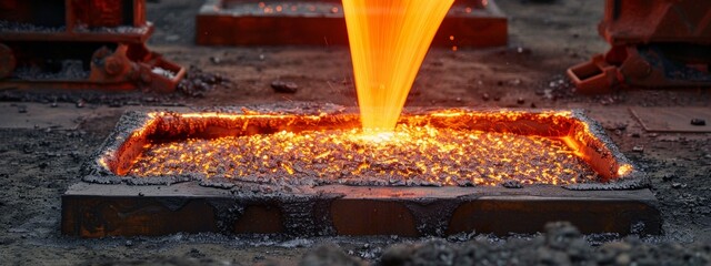 Steel foundry with molten metal being poured.