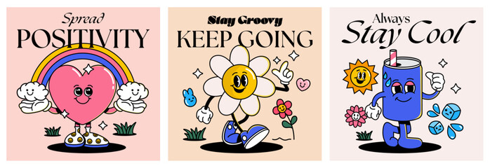 Fototapeta premium Cartoon groovy stickers 70s. Cute retro characters. Hippie style, set cute labels. Vector illustration