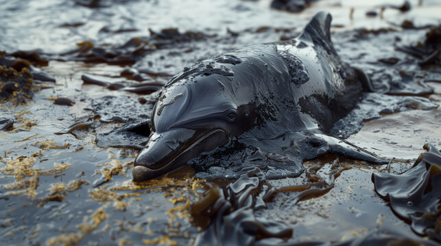 A dying dolphin lies on the ocean coast. An oil spill in the ocean, symbolizing the devastating impact of pollution on marine fauna