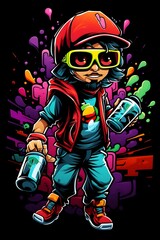 Stylish Graffiti Creating Colorful Mural on Brick Wall with Spray Paint Cans in Psychedelic Cartoon