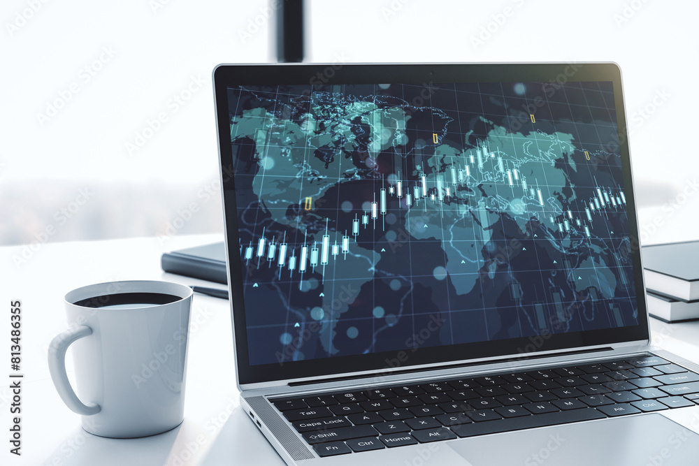 Poster Modern computer screen with abstract creative financial chart with world map, research and analytics concept. 3D Rendering