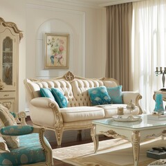 Luxurious Living Room with Soft Teal Accents, Ideal for Elegant Interior Design Showcases