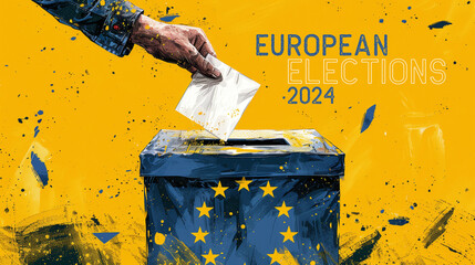 Vibrant illustration of a hand casting a ballot into a box adorned with the EU stars, set against a dynamic yellow background, emphasizing the power of voting.