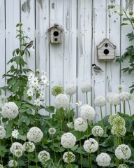 A white garden fence with wooden paneling background