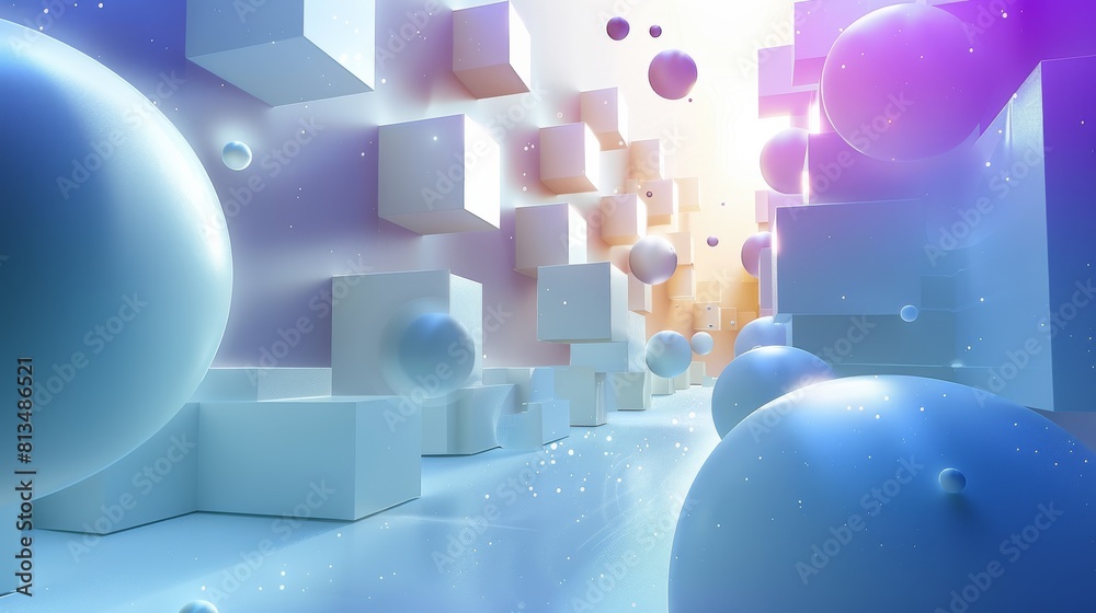 Leinwandbilder An abstract background of the shapes of spheres in the composition and floating cube or rectangular boxes around the screen to create a 3D effect. Generative AI.