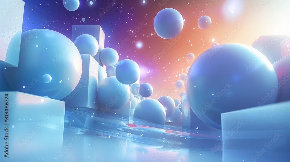 Leinwandbilder An abstract background of the shapes of spheres in the composition and floating cube or rectangular boxes around the screen to create a 3D effect. Generative AI.