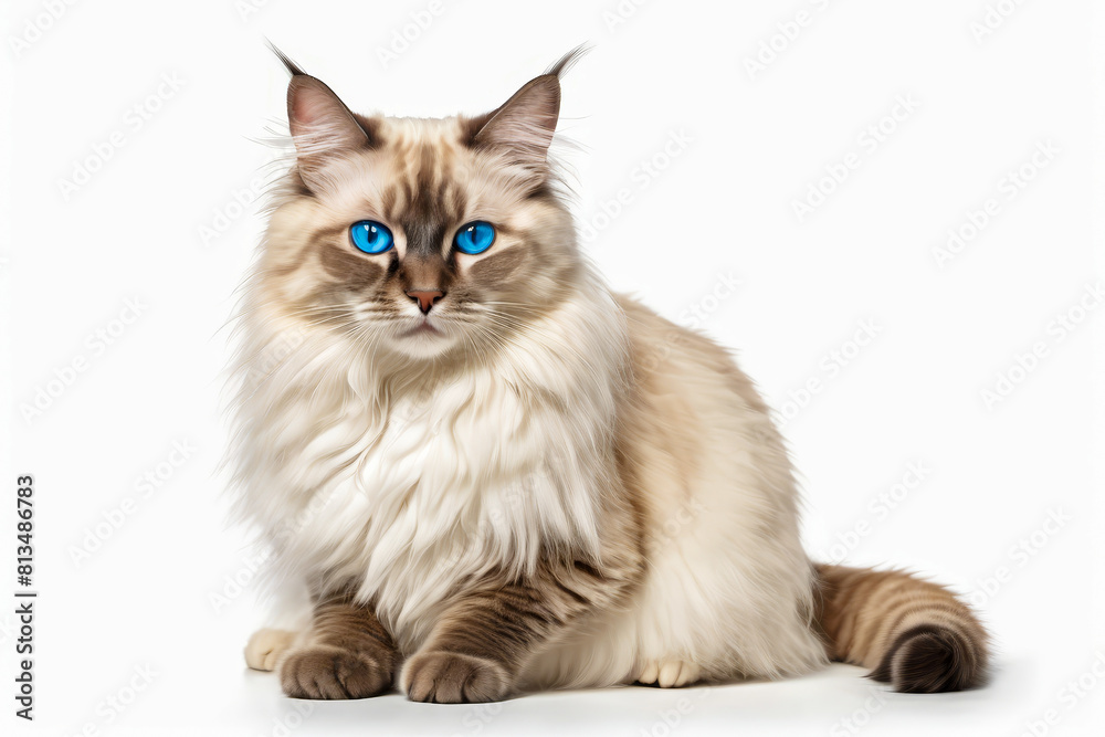 Sticker White cat with long hair and blue eyes sits on white background.