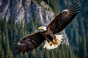 Bald eagle soars through the air with its wings fully spread out.