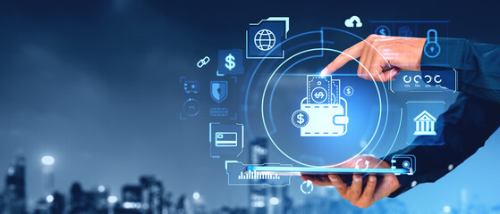 Man finger touch digital wallet and holding tablet, financial icons hologram
