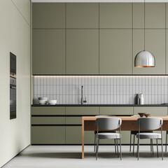 Green home kitchen interior eating table and cabinet, kitchenware on counter