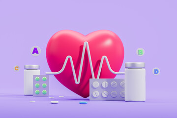 Big heart with pulse, pills and vitamins, treatment and health care