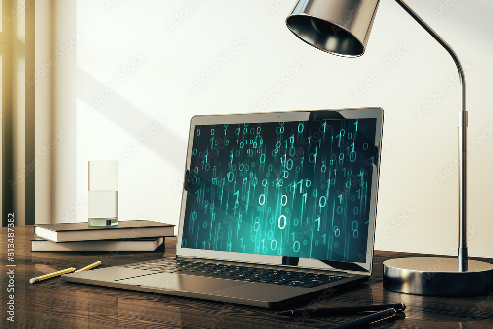 Aufkleber Creative abstract binary code hologram on modern computer monitor, AI and machine learning concept. 3D Rendering