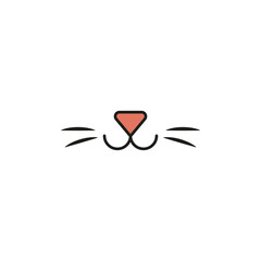 Smiling cat face. Only a cat nose, mouth and a long mustache. Isolated vector illustration on white background.