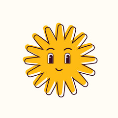 Yellow happy sun. Isolated groovy Vector. Cute design graphic element.