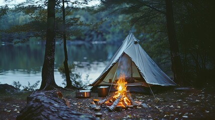 The tent and campfire cooking equipment are in front of the tent.