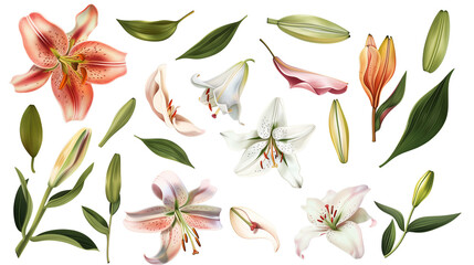 Set of lily elements including lily flowers, buds, petals, and leaves