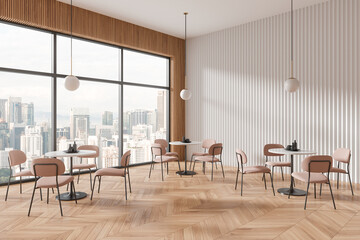 Modern cafe interior with round tables, chairs, a city view background, concept of dining space. 3D Rendering