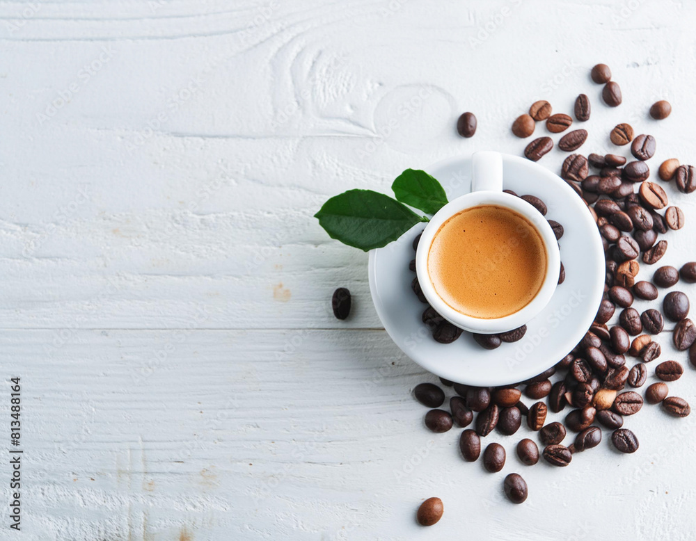 Wall mural cafe cup top view of hot drink espresso and coffee bean on white wooden table