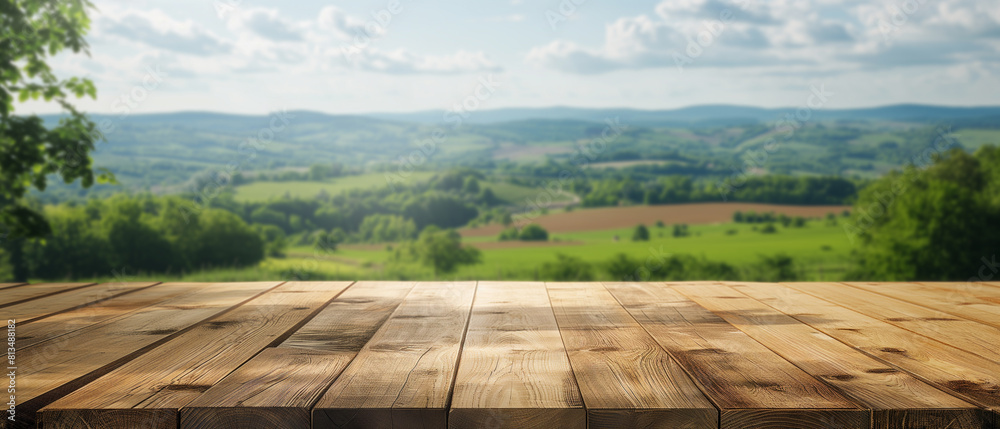 Wall mural wooden table with view of countryside green nature