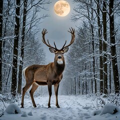 A painting of a deer standing in the snow in the woods with the moon in the background.
