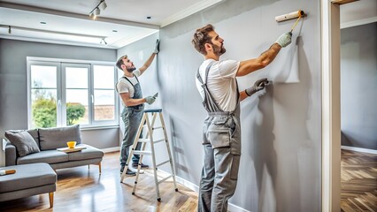 Fototapeta premium Professional Male Workers Painting Walls in a Modern Living Room - Home Renovation Service