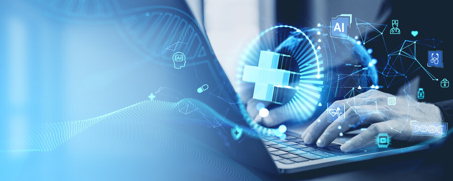 Man typing on laptop, glowing medical icons with AI technologies