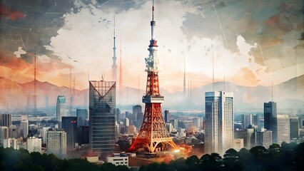 Obraz premium Tokyo Tower in Japan: Contemporary Minimalist Double Exposure Collage Art