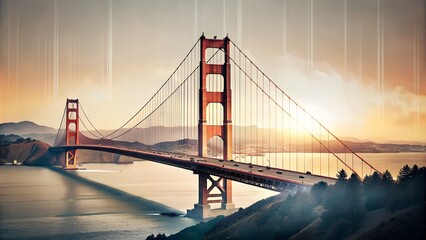 Obraz premium Golden Gate Bridge, USA: Double Exposure Contemporary Minimalist Artwork Collage Illustration