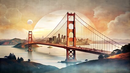 Fototapeta premium Golden Gate Bridge, USA: Contemporary Minimalist Double Exposure Collage Art