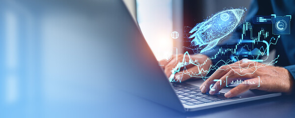 Businessman hands using laptop, forex hologram with rocket, copy space