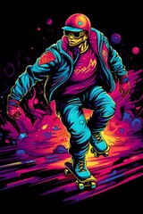 Vibrant Roller Skater in Retro Psychedelic City Boardwalk Scene