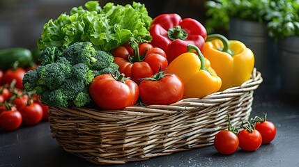 A wicker basket filled with fresh, organic vegetables