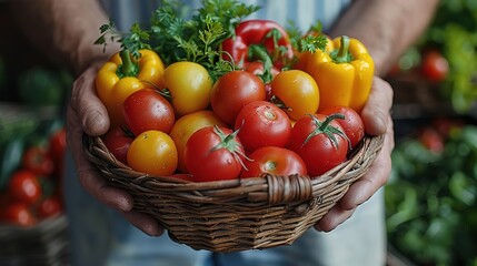 A farmer holds a basket of fresh, organic vegetables