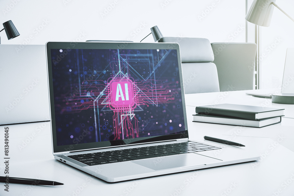 Poster Creative artificial Intelligence symbol concept on modern computer monitor. 3D Rendering